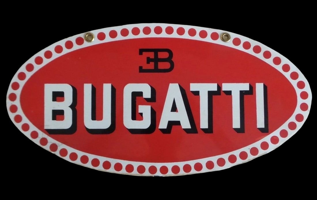 Vintage 1960s Handmade BUGATTI Thick Steel & Porcelain Enamel Sign: Beautifully hand painted and enameled sign. Showing very minor enamel chips and repair; overall excellent condition for its age. Measures approx. 18" x 9". The sign was bought from a BUGATTI dealer in