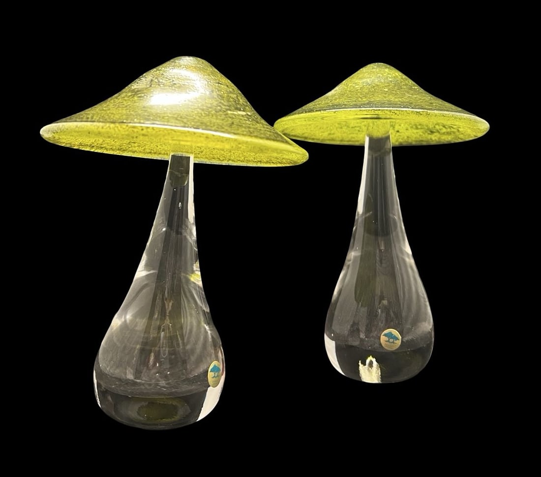 Gorgeous Pair of Vintage EKENAS Sweden Art Glass Mushroom Paperweights: Very good vintage condition; no chips, cracks or repairs. The larger one measures approx. 4 1/2" long and 4 1/2" wide and 7" high. Marked for EKENAS. Made in Sweden.