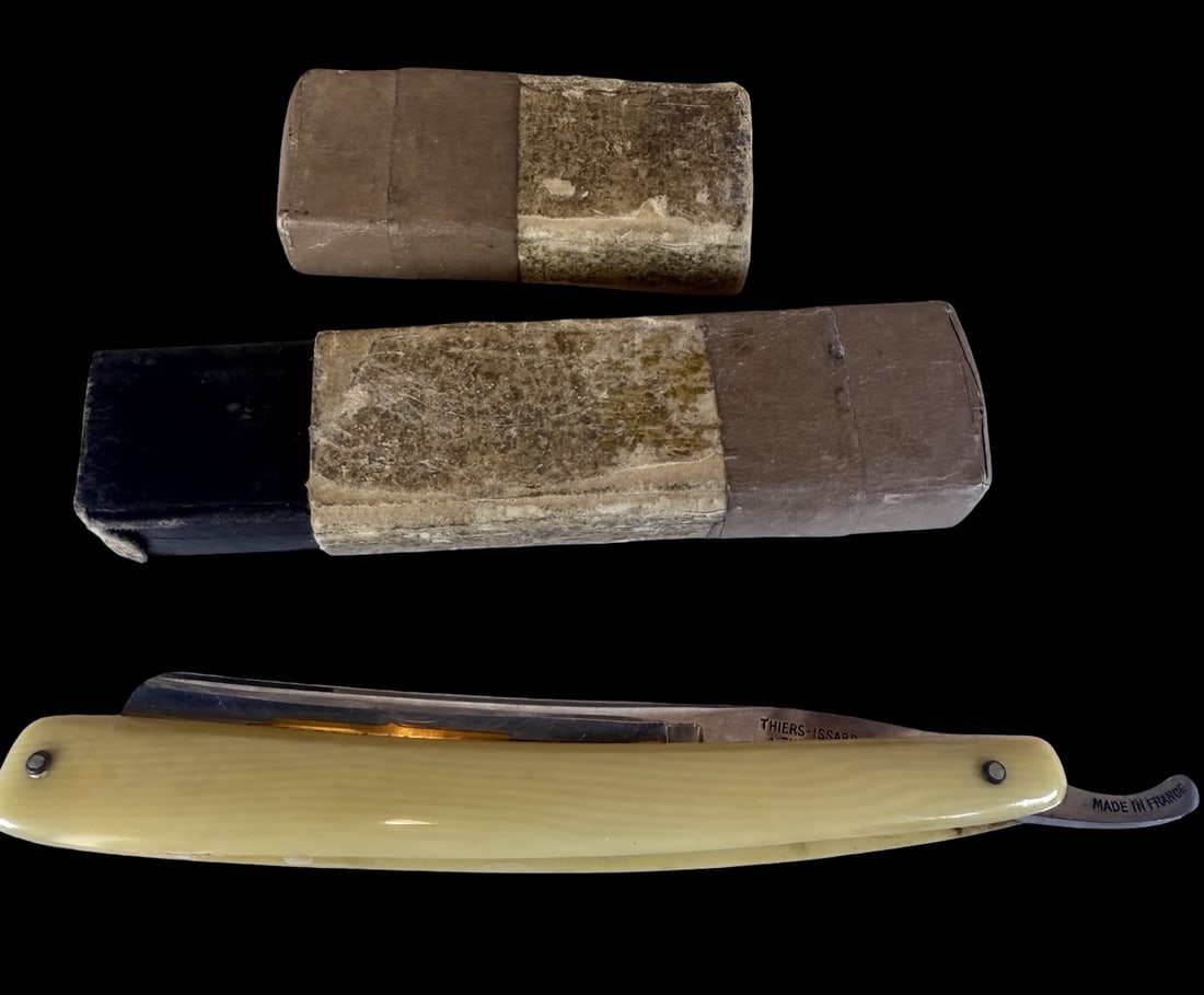Rare Antique THIERS ISSARD France Damascus Steel Straight Razor w/ Original Box: Very good antique condition with minor patina according to age. Measures approx. 6" long and 1" wide. Marked.