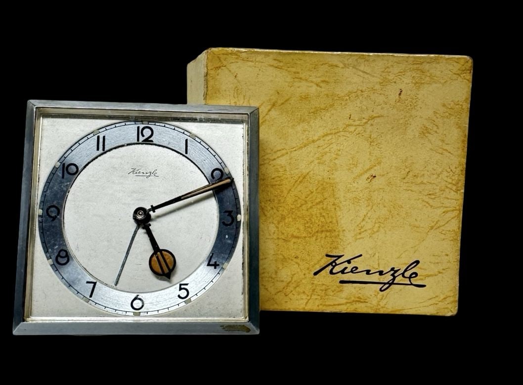 Vintage Art Deco KIENZLE Germany Square Desk Alarm Clock /w Original Box: Very good vintage condition. Measures approx. 2.5" long, 2.5" wide, 2.5" high. Marked.
