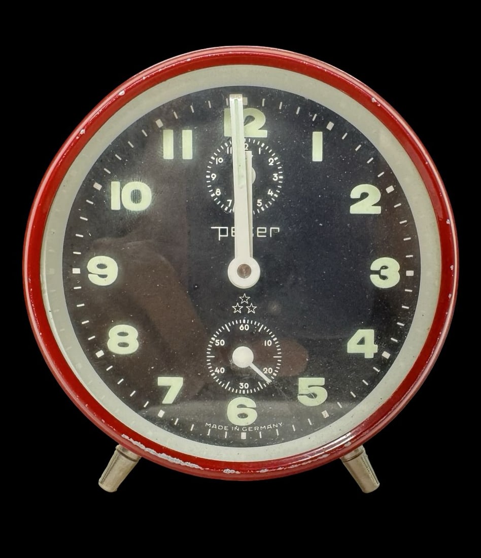 Vintage PETER Germany Alarm Clock: Missing some parts; not working. Measures approx. 3.5" long, 2" wide, 4" high.