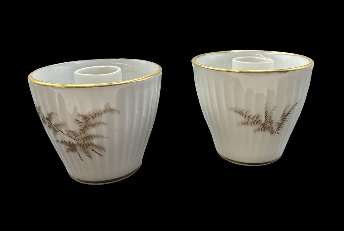 Vintage Pair of THOMAS Germany White Porcelain & Gold Trim Candle Holders: Very good vintage condition. no chips, cracks or repairs. Each measures approx. 1 3/4" high x 2" in diameter. Signed for THOMAS Germany.