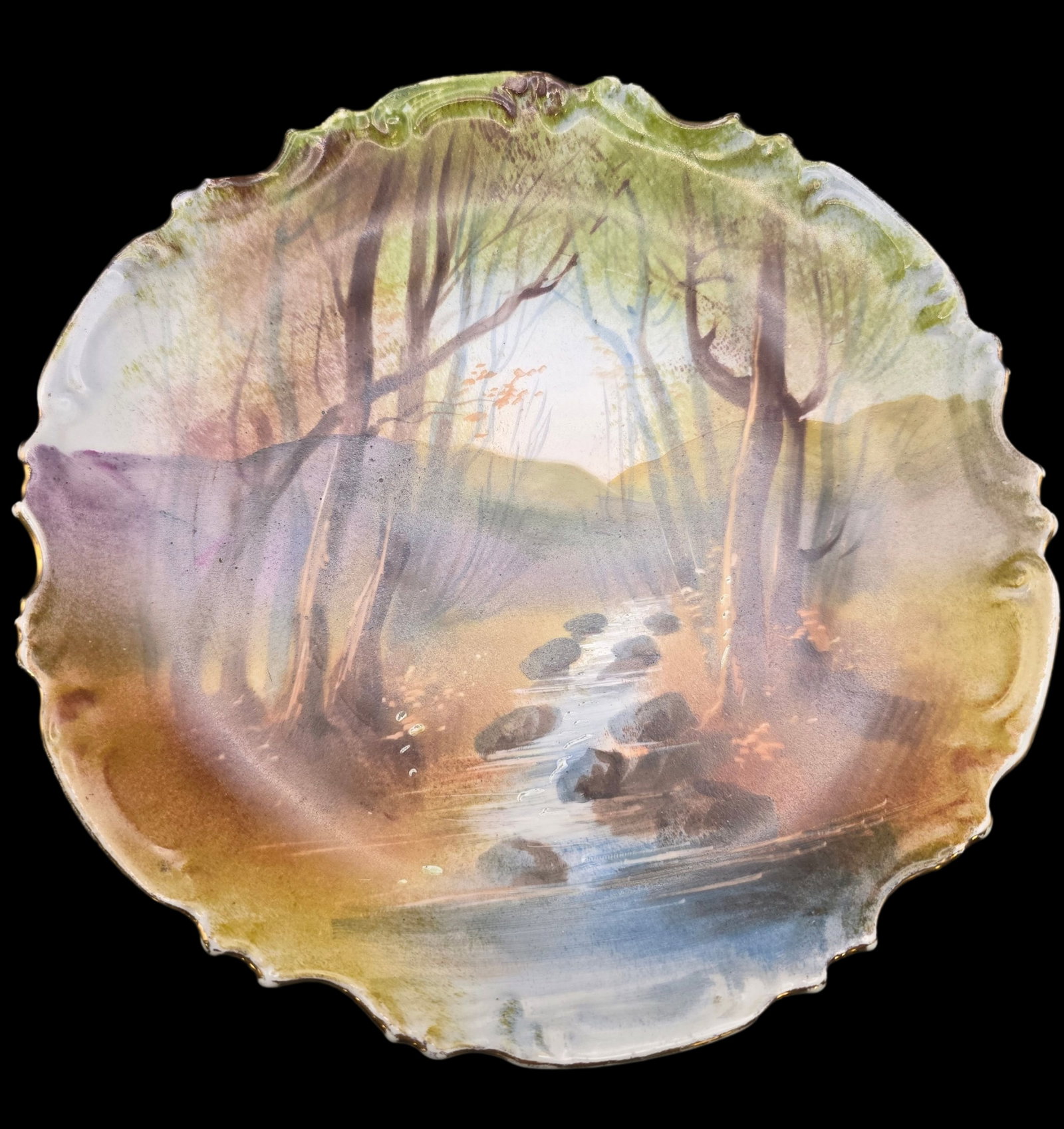 Antique Handpainted Porcelain Landscape Wall Plate: Very good vintage condition with minor wear according to age, please see pictures. No cracks or repairs. Measures approx. 11" in diameter.
