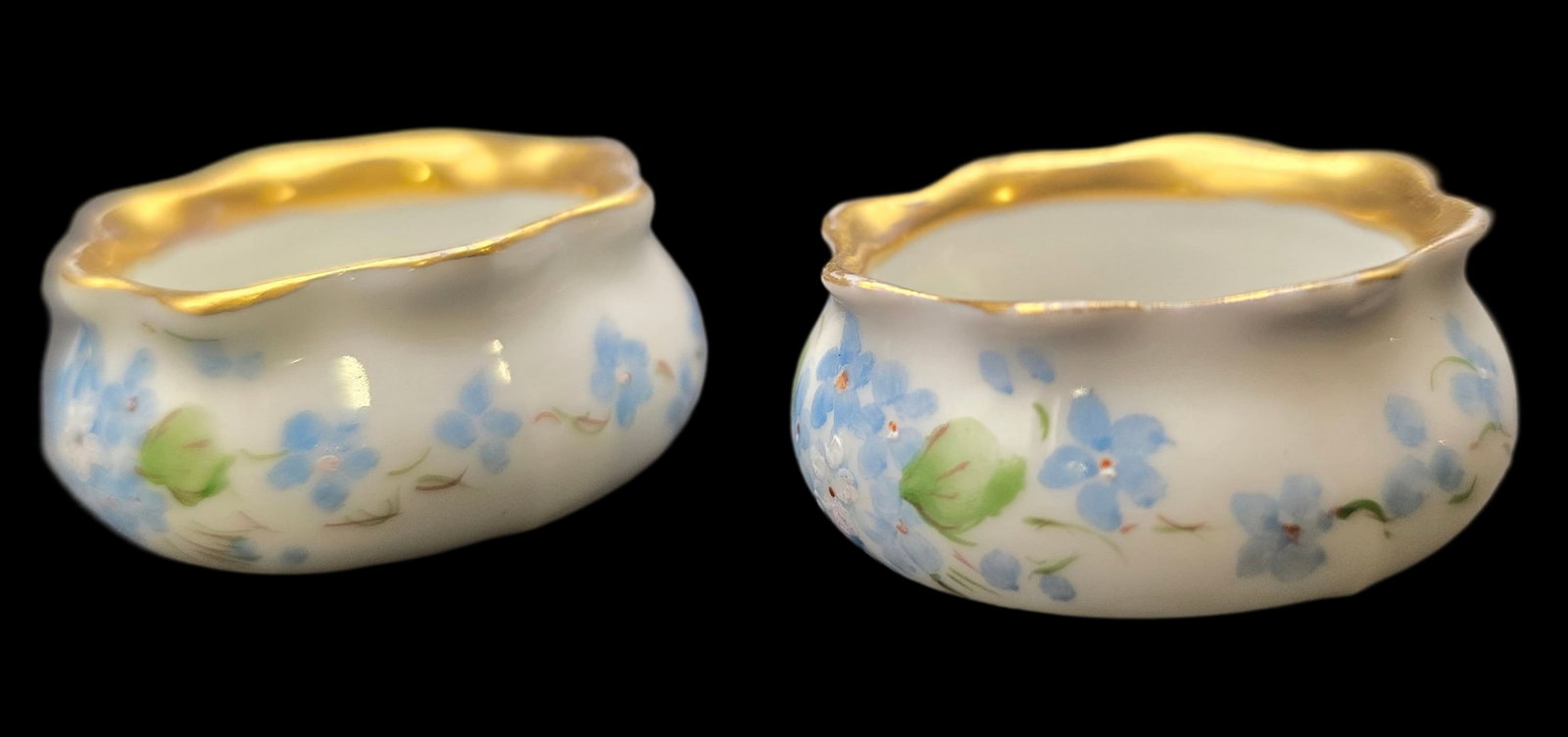 Pair of Vintage ROYAL AUSTRIA Handpainted Porcelain Salt Cellars w/ Gold Rims: Very good vintage condition with minor wear according to age, please see pictures. No cracks or repairs. Each measures approx. 1/2" long x 1" wide.