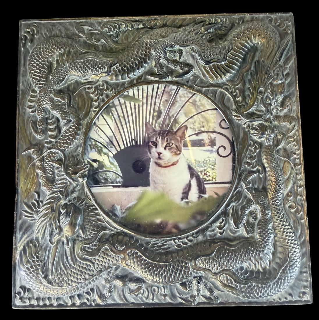 Unusual Antique Asian Silverplate Dragon Themed Picture Frame: Very good vintage condition with wear and patina according to age. Measures approx. 6" long x 6" wide.