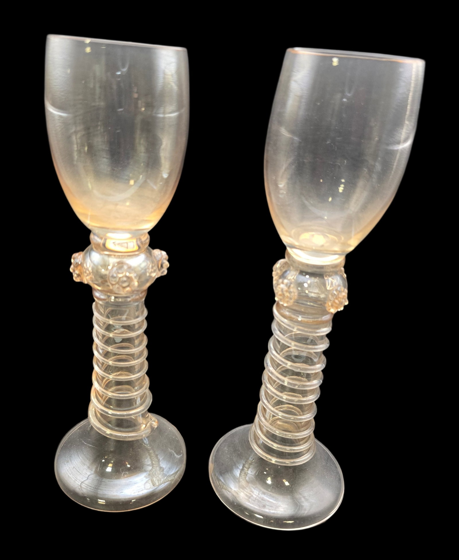 Rare Pair of Antique Handmade Spiral Stem Liquor Glasses: Very good vintage condition with minor wear according to age, please see pictures. No cracks or repairs. Measures approx. 9" high x 2" wide.