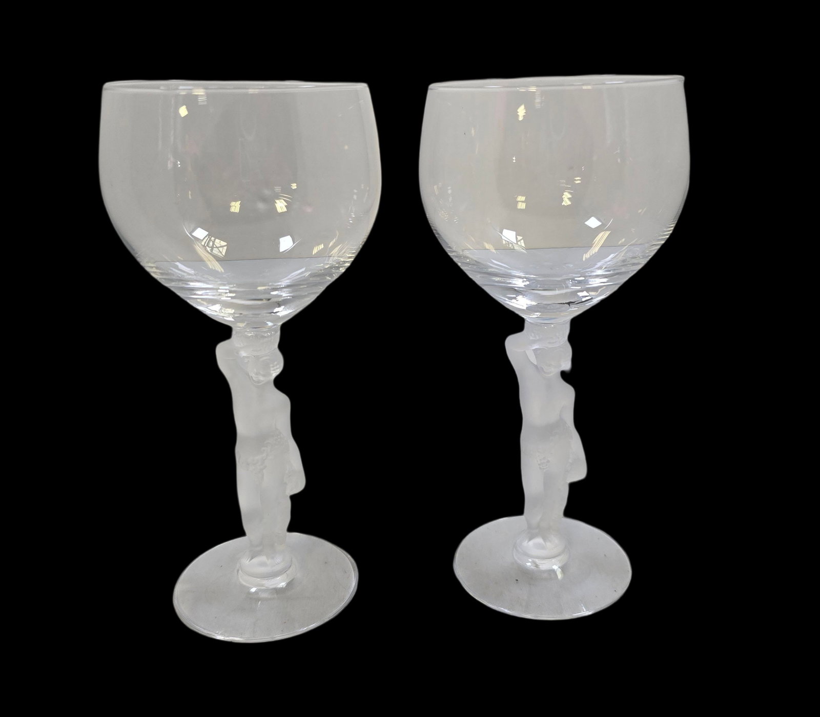 Pair of BAYEL France Bacchante Crystal Wine Glasses: Very good vintage condition with minor wear according to age, please see pictures. Each one measures 7 1/2" high and 3 1/2" wide