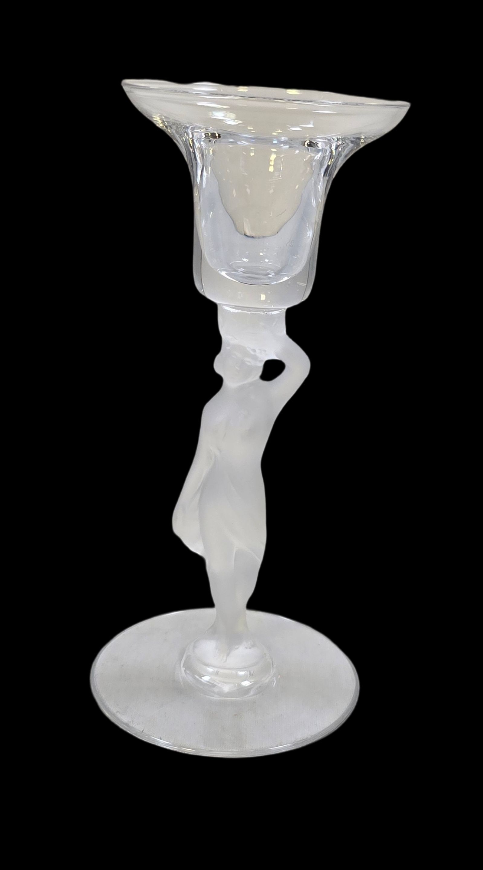 Vintage BAYEL France Bacchante Crystal Candle Holder: Very good vintage condition; no chips, cracks, or repairs. Measures approx. 6" high x 3" in diameter.