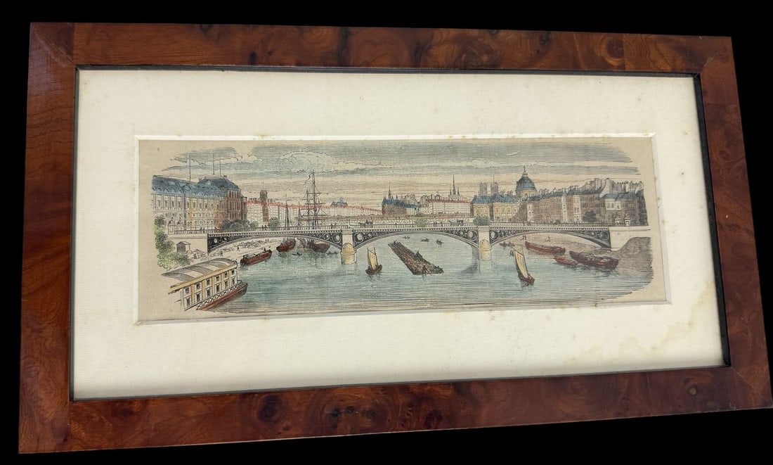 Antique 19th Century Hand Colored Woodcut Print of the Pont Du Carrousel in Paris, France: Very good antique condition; mounted in a beautiful walnut frame. Measures approx. 7" high x 13" wide.