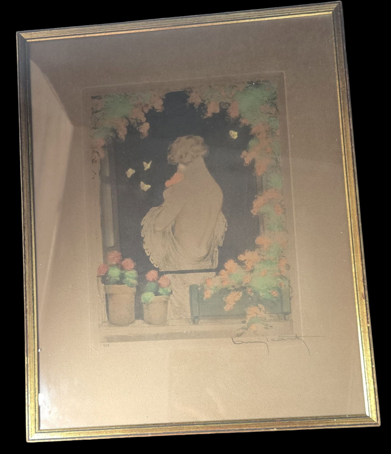 Beautiful Antique Art Nouveau LOUIS ICART Original Print w/ Watermark: Very good antique condition with wear to frame and paper foxing according to age. Hand signed and numbered; windmill watermark. Measures approx. 15" high x 11" wide. Framed behind glass.