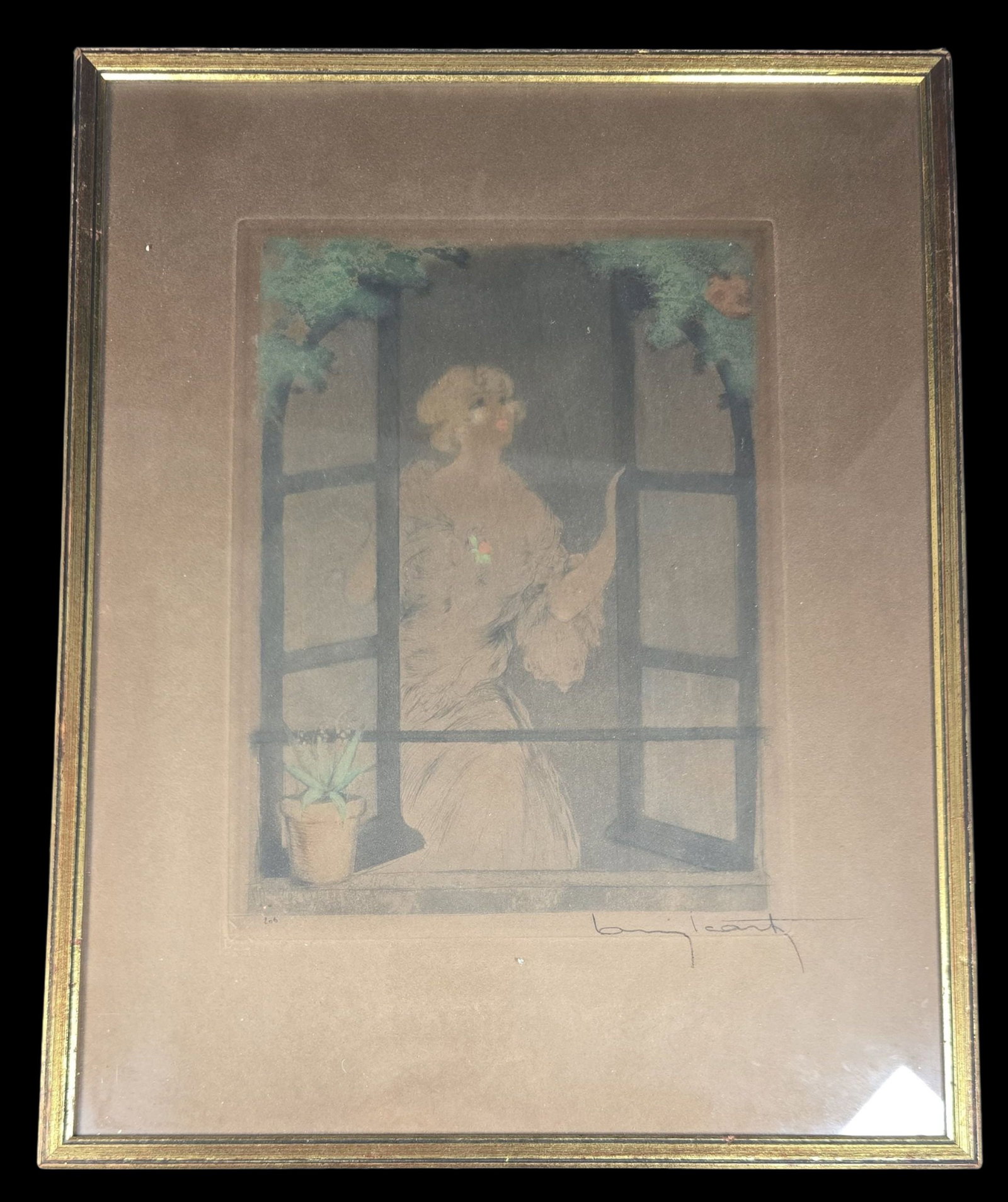 Amazing Antique Art Nouveau LOUIS ICART Original Print w/ Watermark: Very good antique condition with wear to frame and paper foxing according to age. Hand signed and numbered; windmill watermark. Measures approx. 15" high x 11" wide. Framed behind glass.