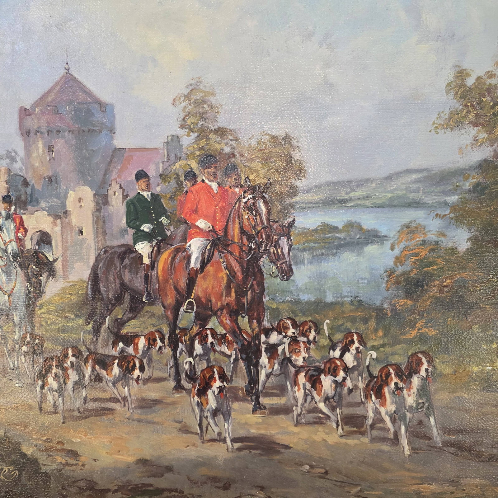 Very Rare HERBERT ISENBERG (German, 1930?2021) Original Oil on Canvas Fox Hunt Landscape Painting: Very good vintage condition with minor wear to frame according to age. Measures approx. 11" high x 8 1/2" wide (frame).