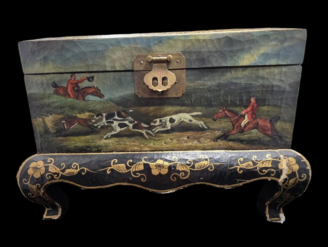 One-of-a-Kind Vintage Hand Painted Wood Hunting Theme Dresser Box: Good vintage condition with wear according to age; see pictures. The base measures approx. 15 1/2" long x 11 1/2" wide x 4 1/2" high. The box itself measures approx. 14" long x 10" wide x 6 1/2" high.