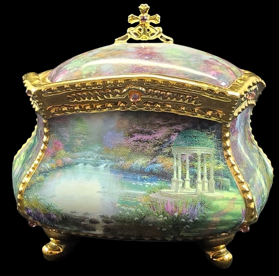 Rare Vintage THOMAS KINKADE Blessings Have Faith Porcelain Musical Trinket Box: Very good vintage condition with minor wear according to age. No chips, cracks, or repairs. Measures approx. 3" high x 4" wide. Marked.