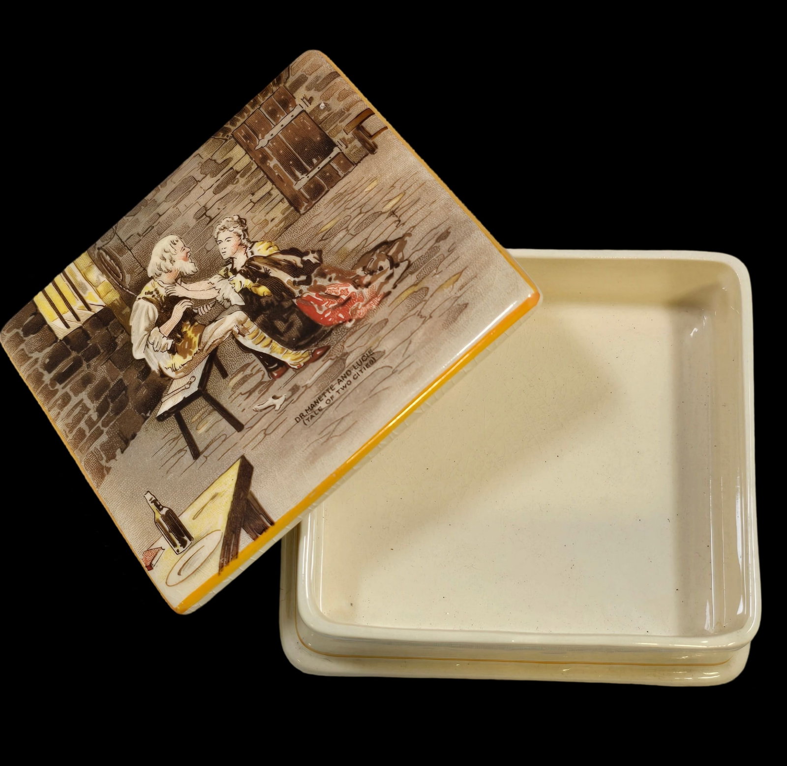 Vintage NEW HALL England A Tale of Two Cities Porcelain Trinket Box: Very good vintage condition with minor wear according to age, please see pictures. No chips, cracks, or repairs. Measures approx. 2" high x 4 1/2" wide. Marked.