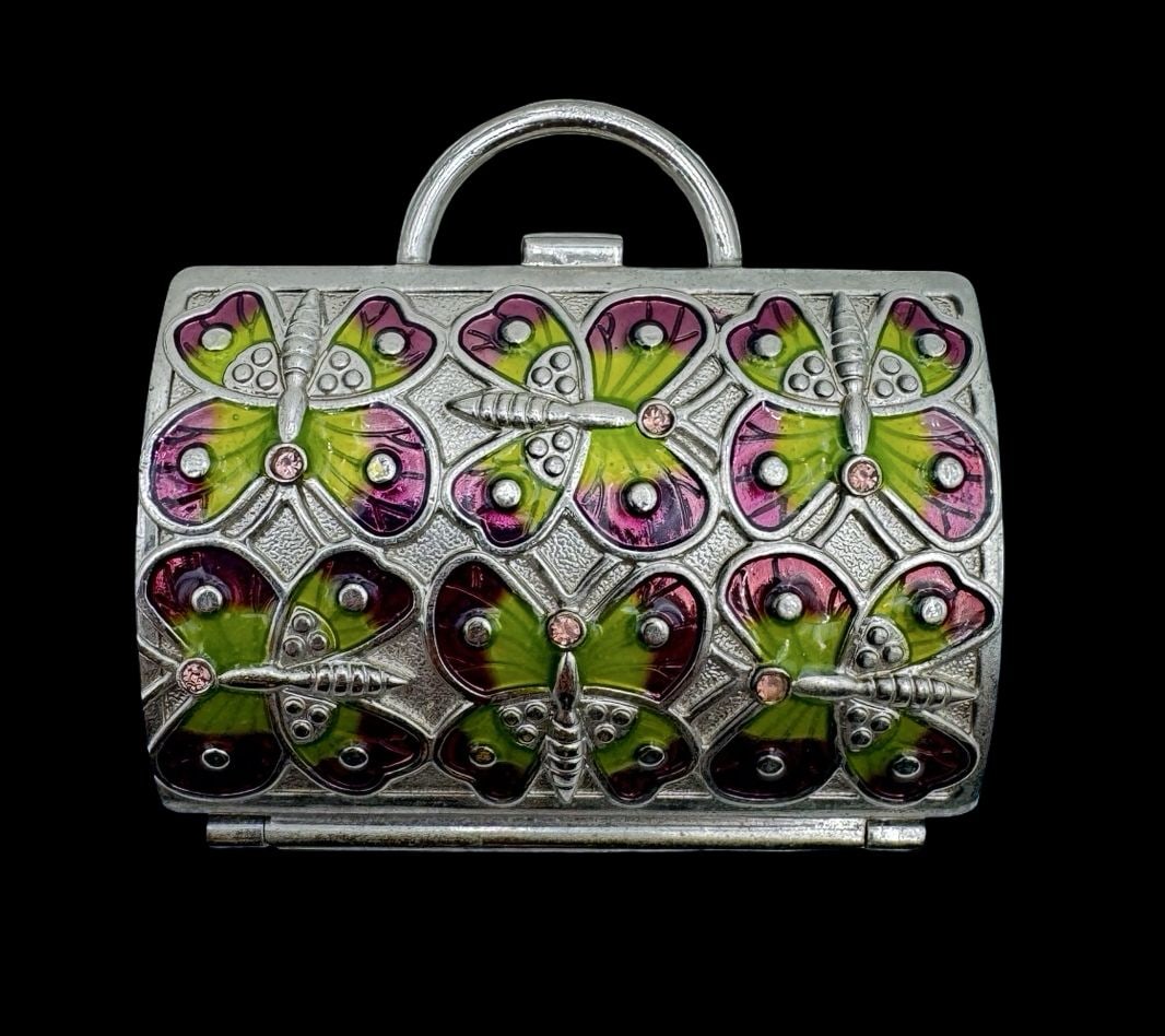 Elegant Vintage Judith Leiber Neiman Marcus Butterfly Enamel Trinket Box: Very good vintage condition. Measures approx. 2" long, 2.5" wide, & 1" high.