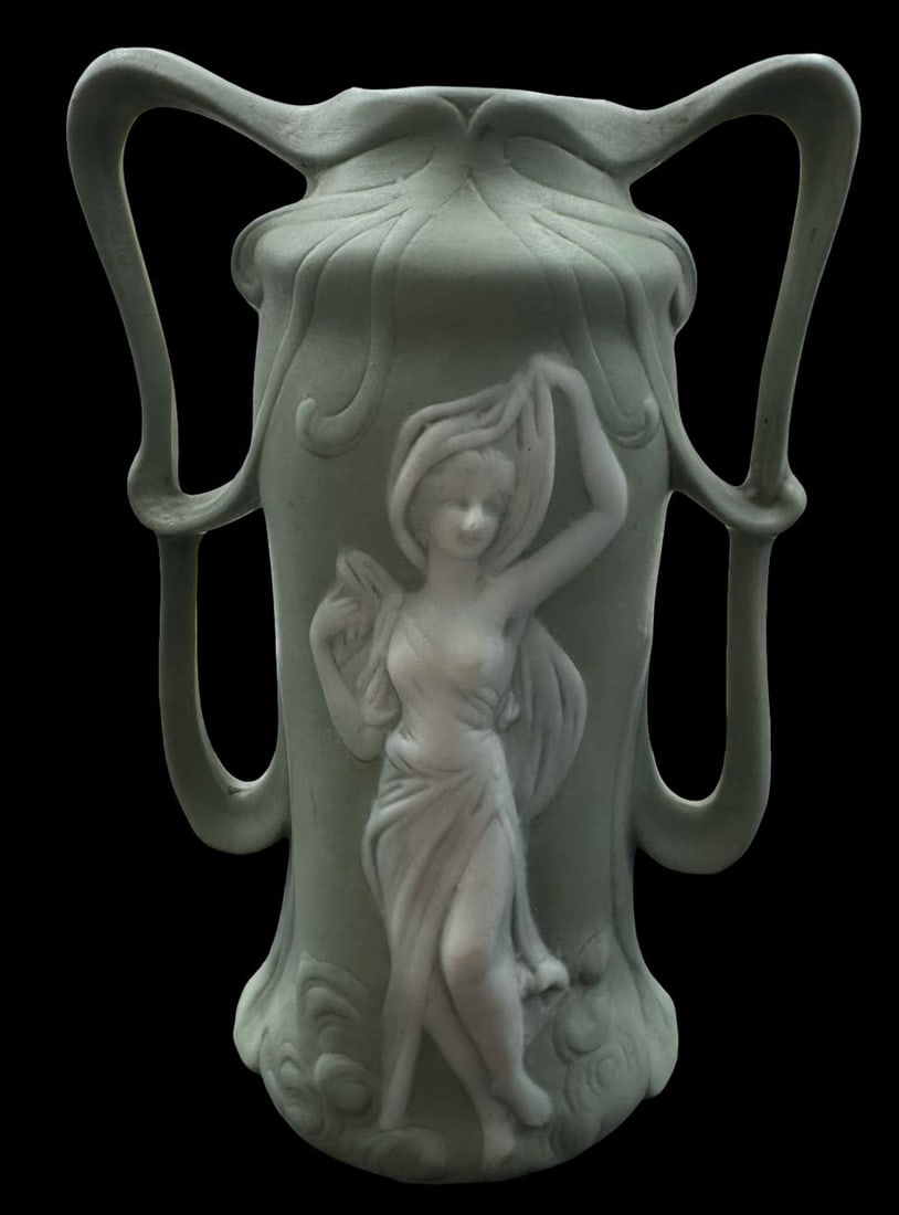 Stunning Art Nouveau WEDGWOOD Pale Green & White Biscuit Porcelain Figural Vase w/ Handles: Very good antique condition with minor patina according to age, no chips, cracks, or repairs. Measures approx. 5 1/8" high x 3 1/2" wide x 2 1/8" deep. Marked on the bottom.