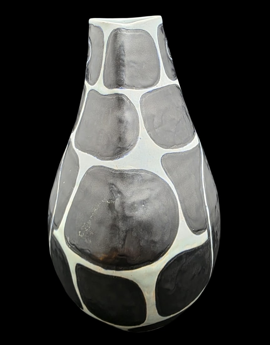 Vintage Mid-Century Modern German Studio Ceramic Vase w/ Pebble Design: Very good vintage condition with minor patina according to age; no chips, cracks, or repairs. Measures approx. 8 3/4" high x 6" wide x 5 1/2" deep. Signed.