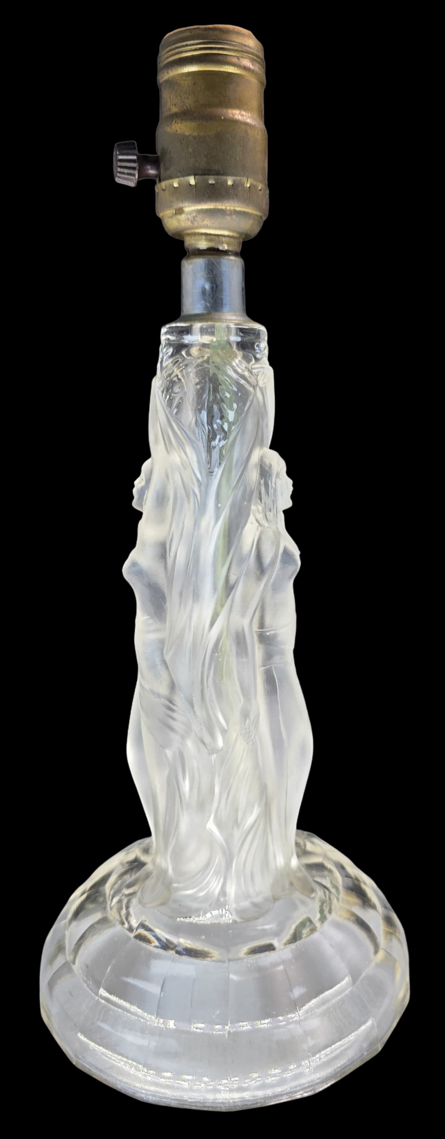 Beautiful Vintage Art Deco Style Satin Glass Boudoir Lamp w/ Nude Figurines: Very good vintage condition; no chips, cracks, or repairs. Measures approx. 12 1/2" tall x 5 1/4" (base diameter).