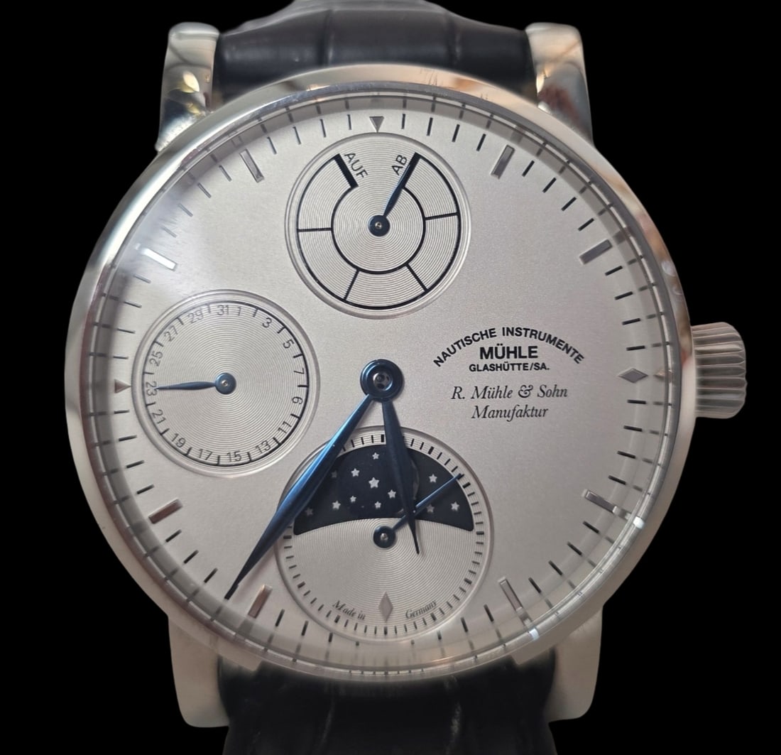 Rare Vintage MUHLE & GLASHUTTE Germany Men's Wristwatch w/ Box & Papers - Ref. M11153LB: Very good vintage condition with very minor wear according to age; works. Limited edition of only 100 pieces. Case measures 42mm in diameter, brushed and polished stainless steel with transparent back
