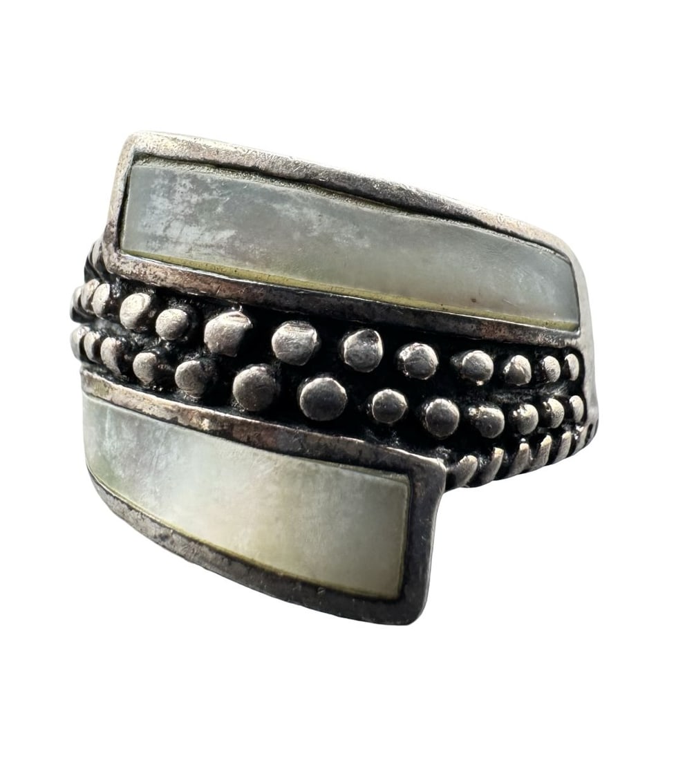 Vintage Sterling Silver Ring w/ Beaded Band & Mother of Pearl Inlay: Good vintage condition w/ patina and wear according to age and use, see pictures. Measures approx. 1" long, 1" wide. Weighs approx. 5.78 grams. The ring is a size 6.5. Marked for Sterling Silver.