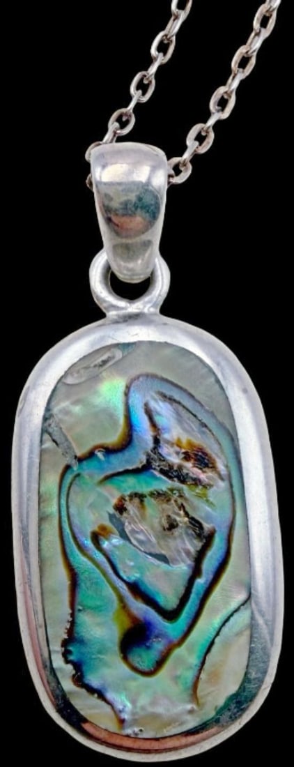 Stunning Ornate Vintage Sterling Silver Necklace w/ Abalone Shell Pendant: Good vintage condition w/ patina and wear according to age and use, see pictures. Pendant Measures approx. 1 1/2" long and 1/2" wide and weighs ca. 9 grams. Necklace is 16" long and 1/16" wide. Marked