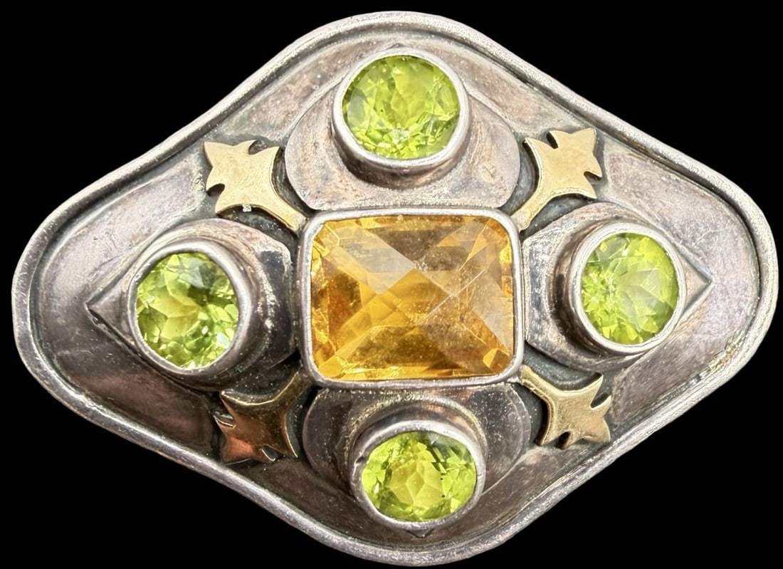 Stunning Vintage DAC Gilt Sterling Silver w/ Yellow & Orange Rhinestones Pin Brooch: Good vintage condition w/ patina and wear according to age and use, see pictures. Measures approx. 1 1/2" long and 1" wide and weighs ca. 14.4 grams. Tested for Sterling Silver