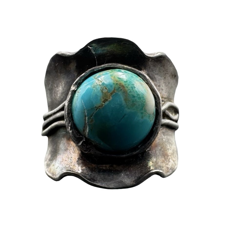 Gorgeous Vintage Mid-Century Modern Sterling Silver & Turquoise Designer Ring: Good vintage condition w/ patina and wear according to age and use, see pictures. Measures approx. 1" long, 1" wide. Weighs approx. 8.32 grams. The ring is a size is 9. Marked Sterling Silver & PZ.