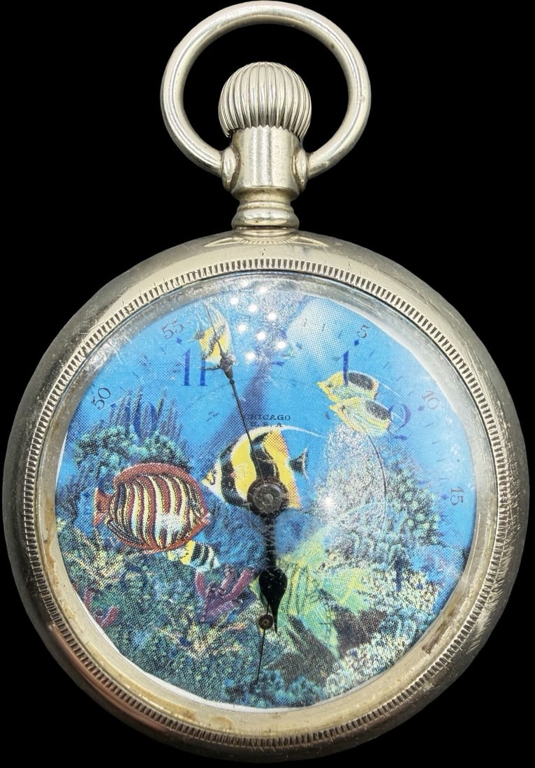 Gorgeous Vintage Gold Tone & Underwater Picture Dial Pocket Watch: Good vintage condition w/ patina and wear according to age and use, see pictures. Measures approx. 1 3/4" long and 1 3/4" wide. Watch isn't working.