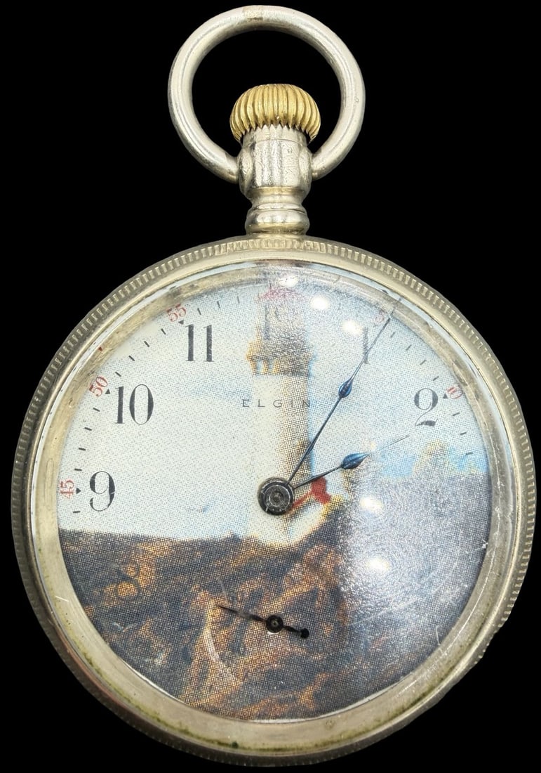 Gorgeous Vintage ELGIN Gold Tone & Brown Dial Pocket Watch: Good vintage condition w/ patina and wear according to age and use, see pictures. Measures approx. 1 3/4" long and 1 3/4" wide. Marked for ELGIN. Watch isn't working.