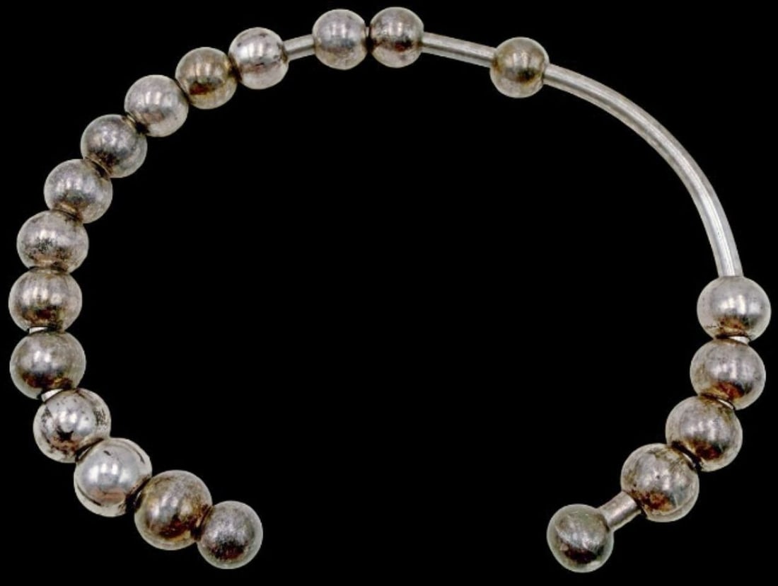 Gorgeous Vintage Sterling Silver Beads Bangle Bracelet: Good vintage condition w/ patina and wear according to age and use, see pictures. Measures approx. 3" long and 1/4" wide and weighs ca. 20.3 grams. Tested for Sterling Silver.