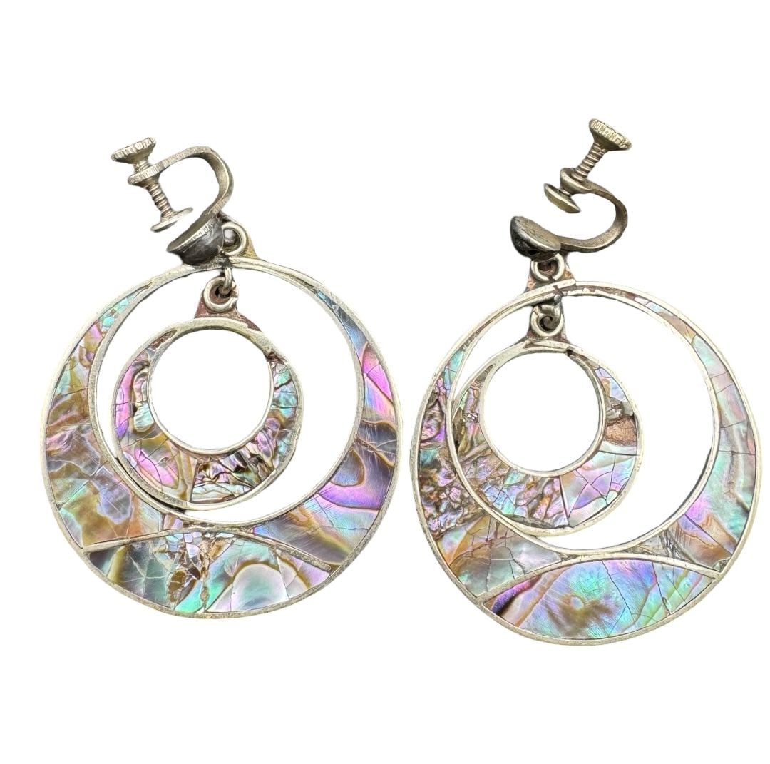 Amazing Vintage Taxco Mexico Sterling Silver Earrings w/ Abalone Shell Inlay: Good vintage condition w/ patina and wear according to age and use, see pictures. Measures approx. 2.25" long, 1.5" wide. Weighs approx. 13.36 grams. Marked for Sterling Silver.