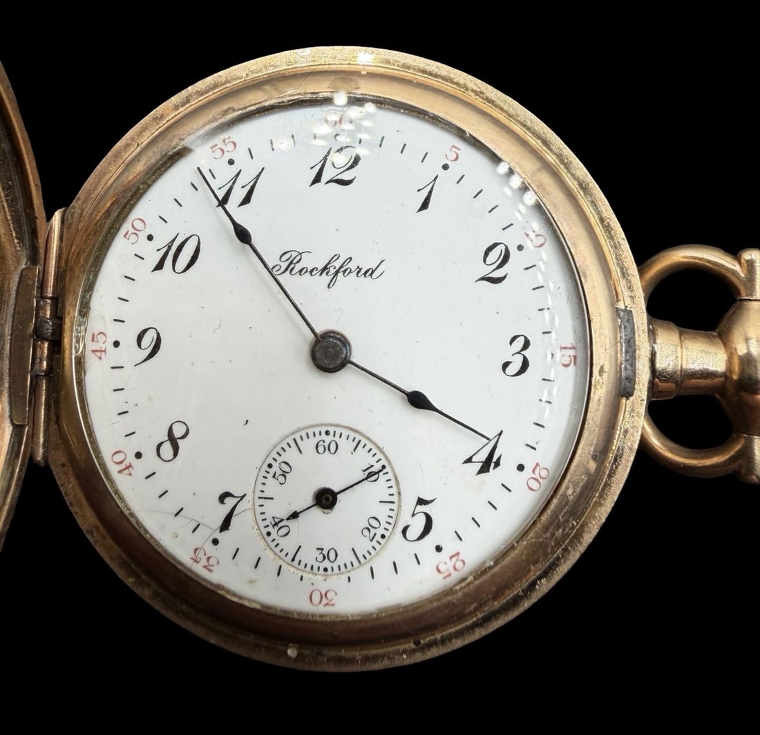 Beautiful Ornate Vintage ROCKFORD Gold Filled & White Dial Pocket Watch: Good vintage condition w/ patina and wear according to age and use, see pictures; scratch on the glass and minor damage to dial. Dial measures approx. 1" long and 1" wide and the piece weighs ca. 37.4