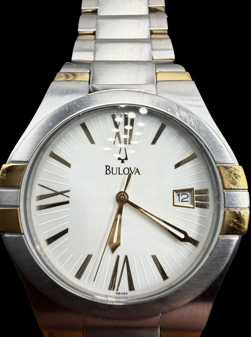Amazing Vintage BULOVA Stainless Steel & White Dial Watch w/ Box: Good vintage condition w/ patina and wear according to age and use, see pictures. Dial measures approx. 1" long and 1" wide and the piece weighs ca. 12.1 grams. Marked for BULOVA. The timepiece is wor