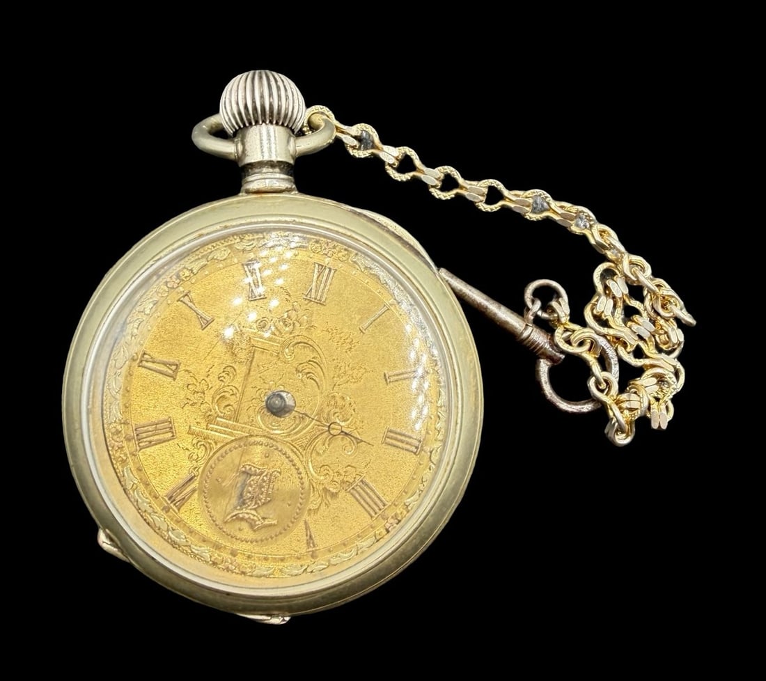 Stunning Ornate Antique Gold-Tone Dial Pocket Watch w/ Chain & Winding Key (1 of 4)