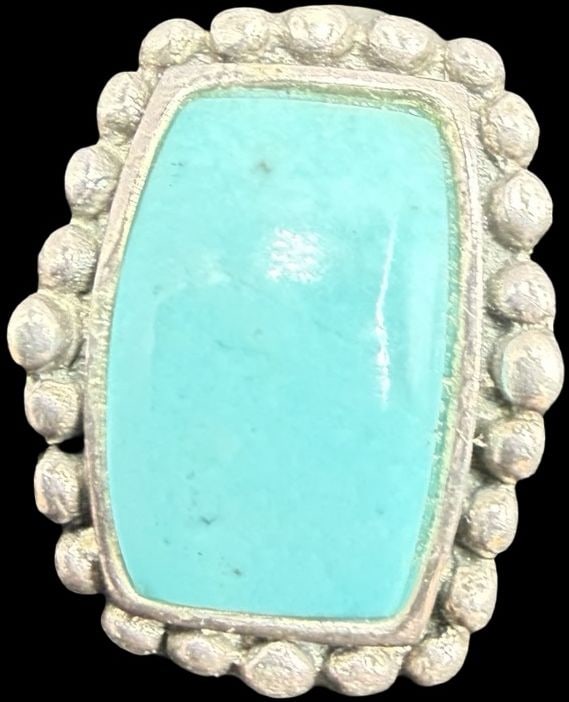 Beautiful Ornate Vintage Gilt Sterling Silver Ring w/ Blue Turquoise Gemstone: Good vintage condition w/ patina and wear according to age and use, see pictures. Measures approx. 3/4" long and 1/2" wide and weighs ca. 5.9 grams. The The ring is a size is 5 1/2. Marked Sterling Si