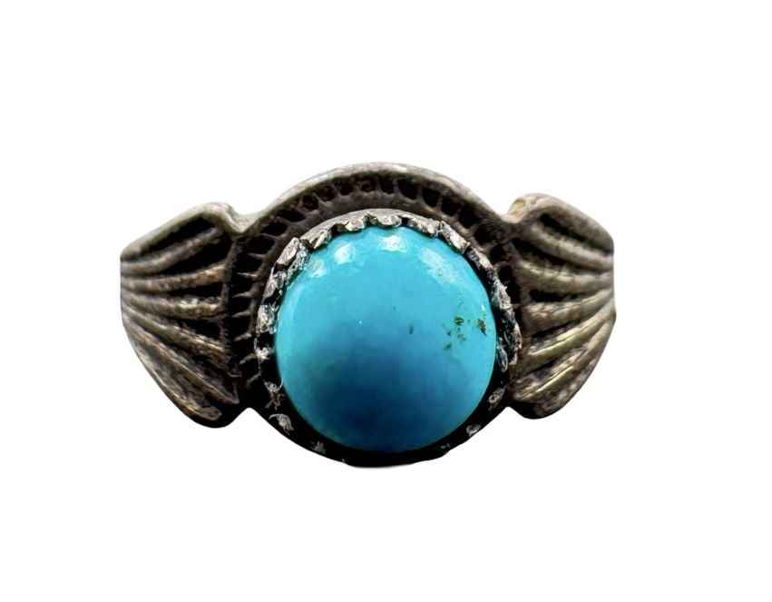 Beautiful Vintage Mid-Century Native American Navajo PACIFIC JEWELRY CO. Sterling Silver & Turquoise: Good vintage condition w/ patina and wear according to age and use, see pictures. Measures approx. 1/2" long, 1/2" wide. Weighs approx. 1.35 grams. The ring is a size is 1. Marked for Sterling Silver.