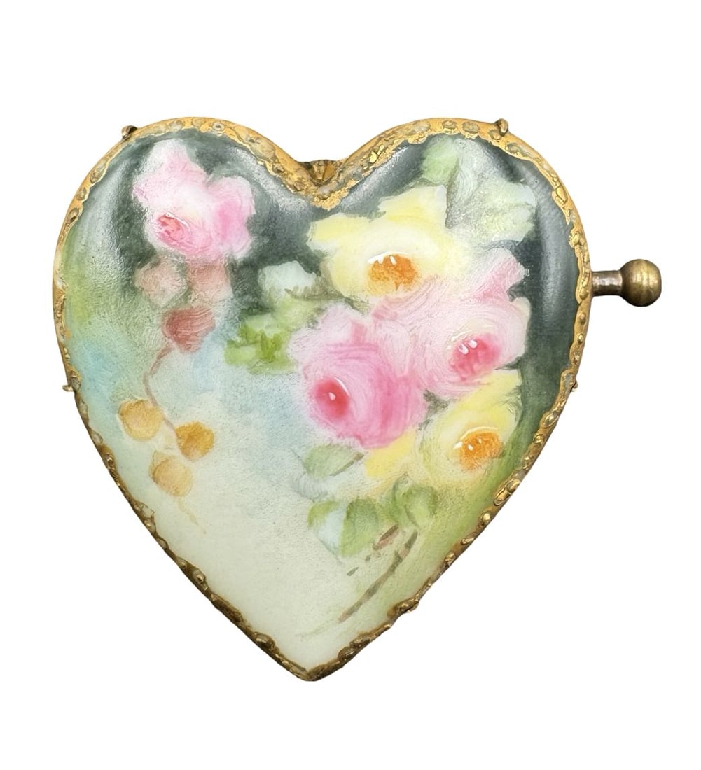 Antique Gold-Tone Metal & Porcelain Heart Brooch w/ Hand-painted Floral Design: Good vintage condition w/ patina and wear according to age and use, see pictures. Measures approx. 2" long, 2.25" wide. Weighs approx. 25.84 grams.