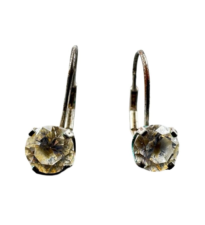 Beautiful Vintage Sterling Silver & Cubic Zirkonia Leverback Earrings: Good vintage condition w/ patina and wear according to age and use, see pictures. Measures approx. 3/4" long, 1/2" wide. Weighs approx. 1.91 grams. Marked for Sterling Silver.
