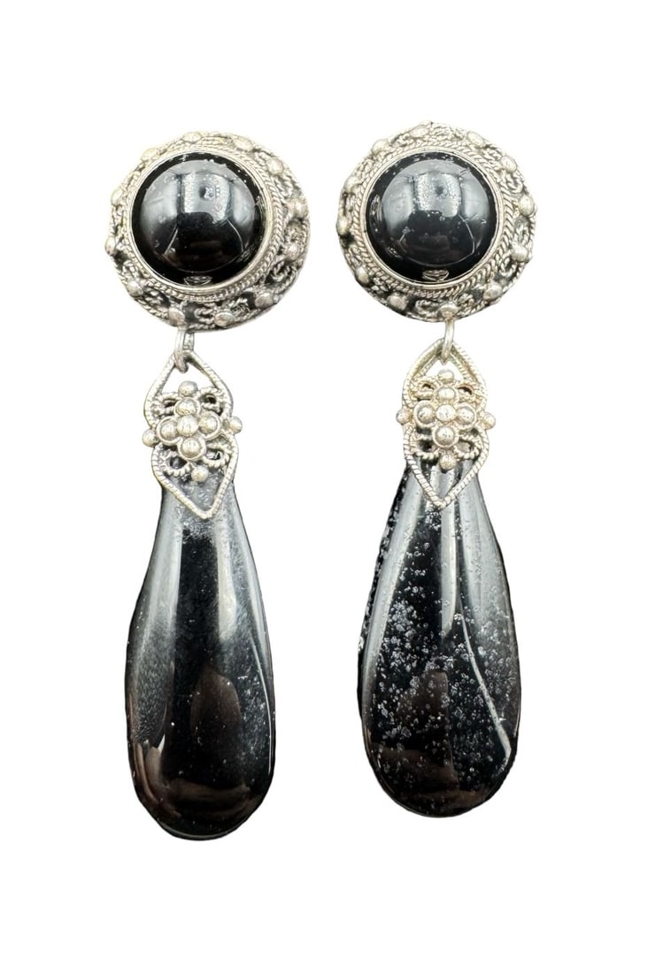 Stylish Vintage Sterling Silver & Black Onyx Dangle Earrings: Good vintage condition w/ patina and wear according to age and use, see pictures. Measures approx. 2" long, 1/2" wide. Weighs approx. 13.01 grams. Marked for Sterling Silver.