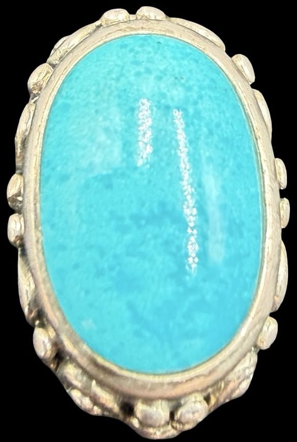 Gorgeous Ornate Vintage Native American Gilt Sterling Silver w/ Blue Turquoise Gemstone Ring: Good vintage condition w/ patina and wear according to age and use, see pictures. Measures approx. 3/4" long and 1/2" wide and weighs ca. 12 grams. The Ring is Size 8 3/4. Marked Sterling Silver.