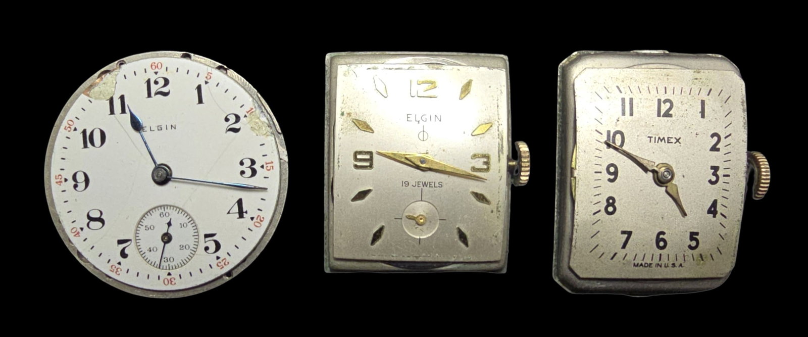 Lot 3 Watch Movements w/ White Dials - ELGIN & TIMEX (1 of 2)