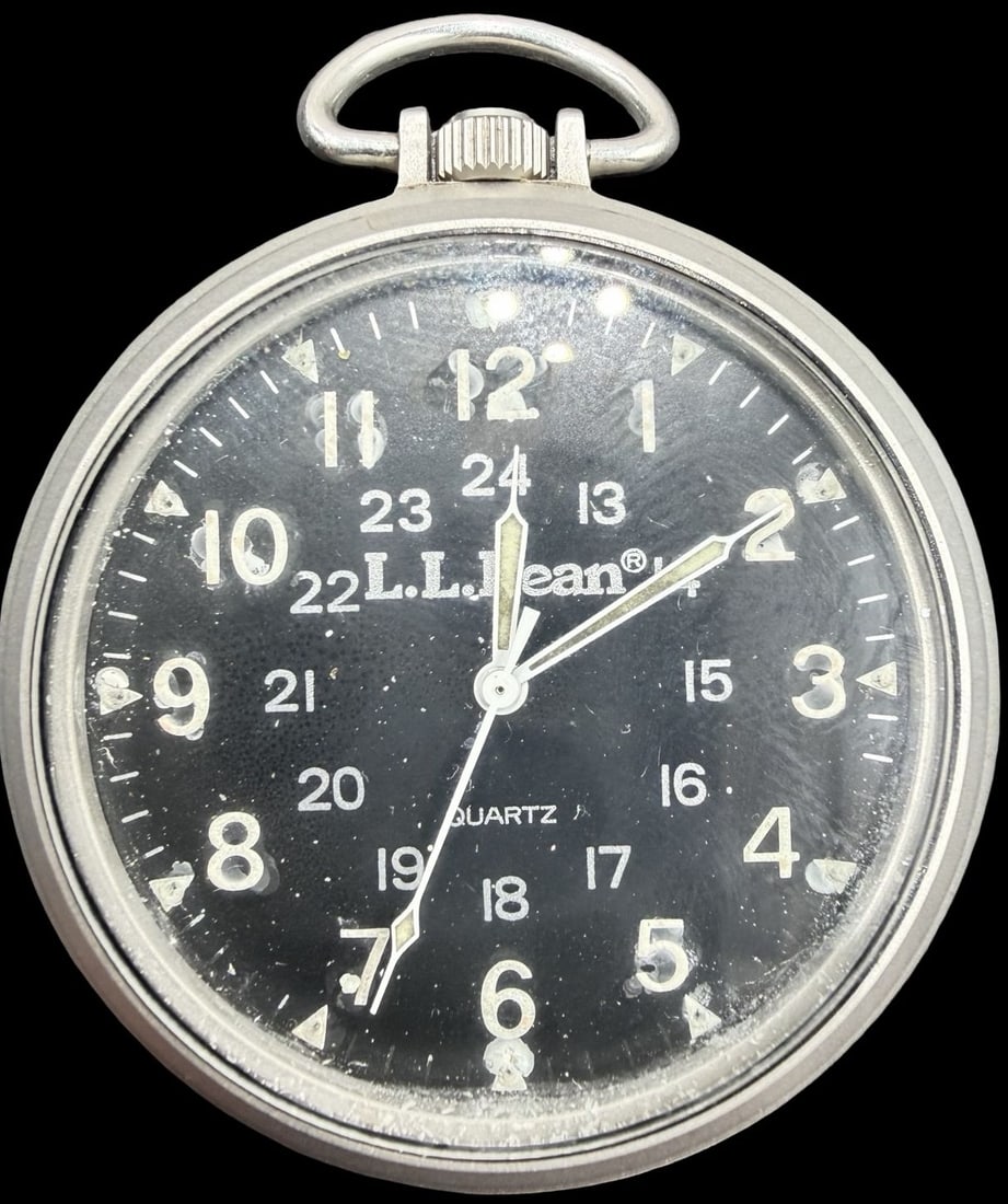 Amazing Vintage LL BEAN Stainless Steel & Black Dial Pocket Watch: Good vintage condition w/ patina and wear according to age and use, see pictures. Measures approx. 1 1/2" long and 1 1/2" wide. Marked for LL BEAN. Watch isn't working.