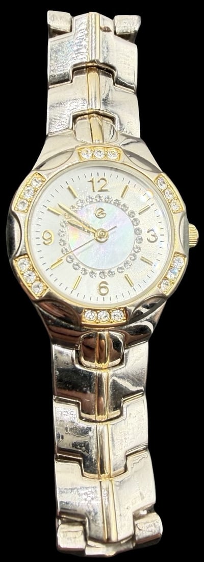 Amazing Vintage GEORGE Stainless Steel Gold Tone w/ Clear Rhinestones & White Dial Women's Watch (1 of 2)