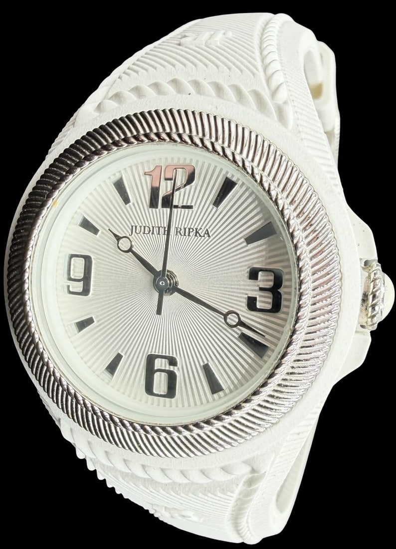 Beautiful Ornate Vintage JUDITH RIPKA Stainless Steel White & Gold Tone Quartz Watch: Good vintage condition w/ patina and wear according to age and use, see pictures. Measures approx. 1" long and 1" wide. Marked for JUDITH RIPKA. Watch is working.
