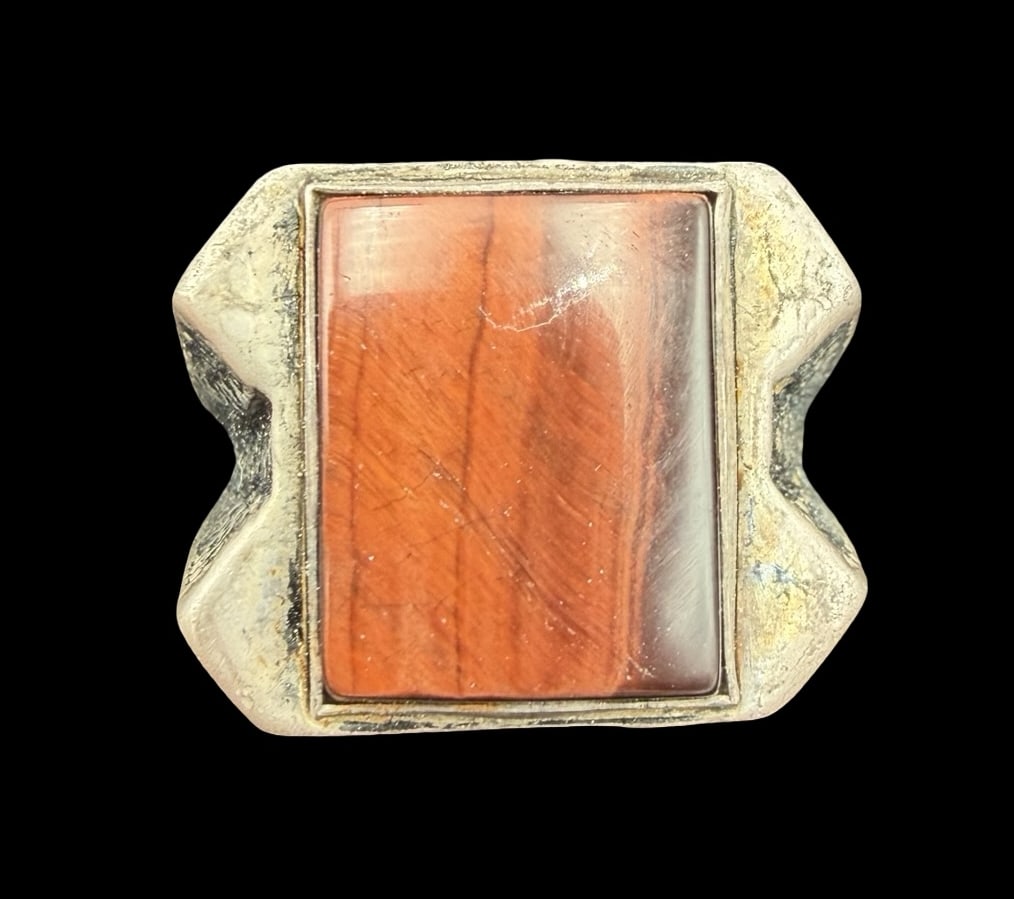 Gorgeous Ornate Vintage Southwestern Sterling Silver w/ Brown Gemstone Ring: Good vintage condition w/ patina and wear according to age and use, see pictures. Measures approx. 3/4" long and 3/4" wide and weighs ca. 10.7 grams. The ring is a size 9 3/4. Marked Sterling Silver.