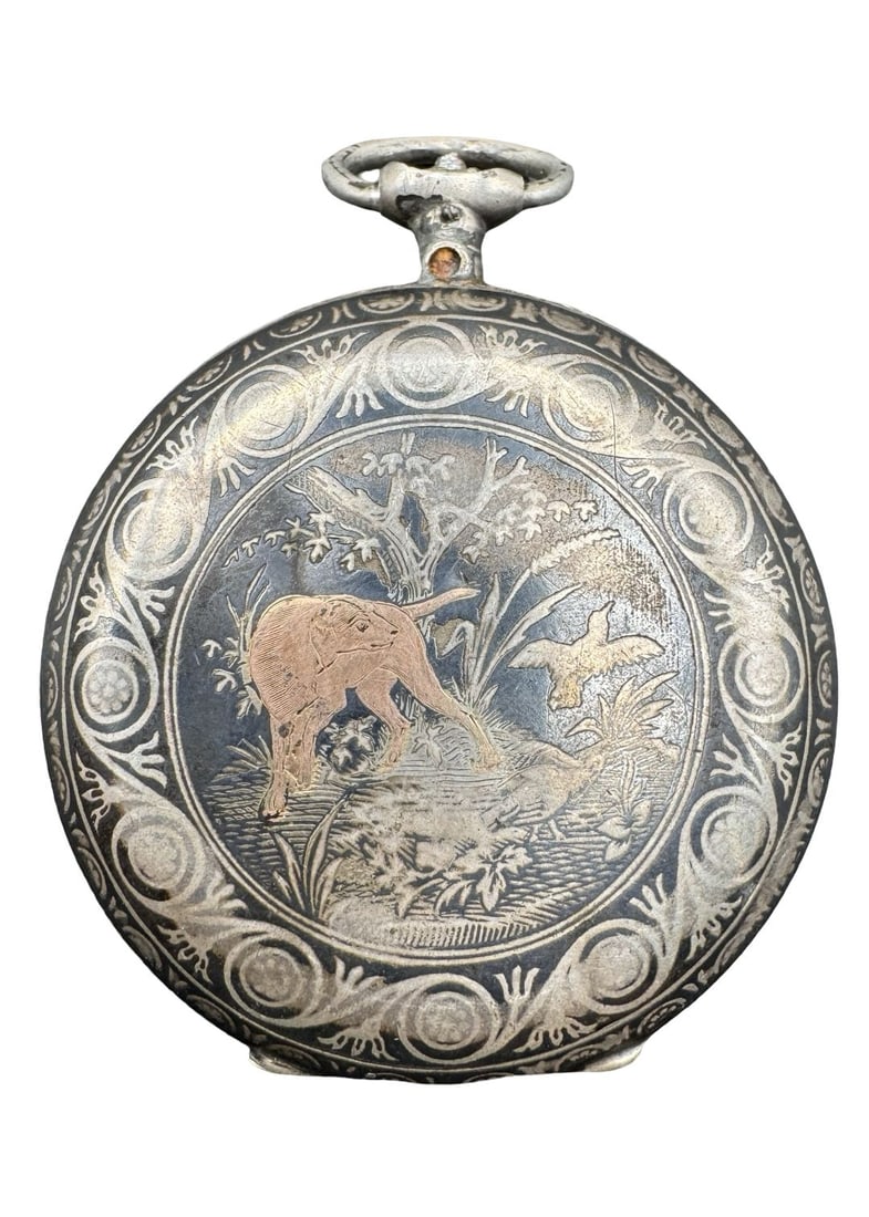 Antique 800 Silver Pocket Watch Case /w Niello Hunting Dog Scene: Non-functional, case only. Case diameter measures approx. 200 mm diameter. Weighs approx. 37.52 grams. Crafted from 800 Silver. By Angre.