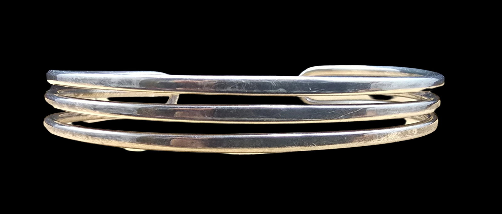 Amazing Boho Minimalist Sterling Silver 3-Wire Open Cage Stacked Cuff Bracelet: Good vintage condition w/ patina and wear according to age and use, see pictures. Measures approx. 2 1/2" wide and weighs ca. 12.5 grams. Marked Sterling Silver