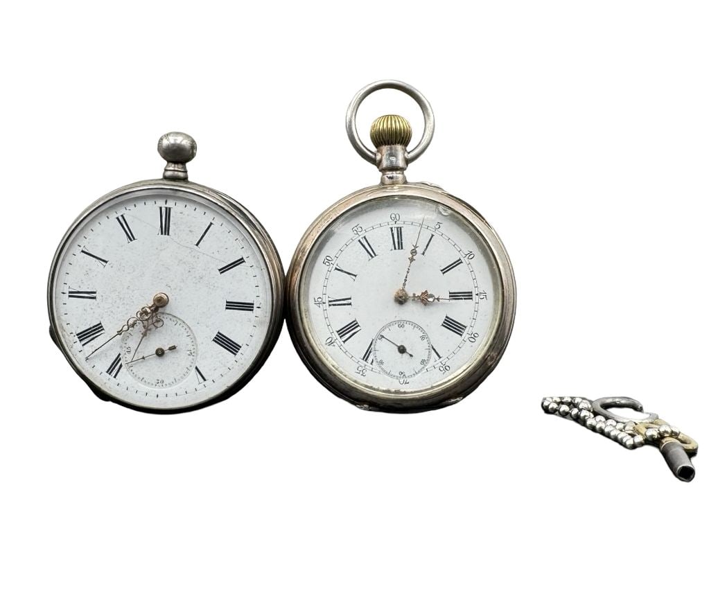 Lot of Two Antique European 800 Silver Pocket Watches w/ Winding Key: Case diameters are approx. 160 mm in diameter. They weigh approx. 80.31 grams & 79.61 grams. Marked for 800 Silver. Untested.