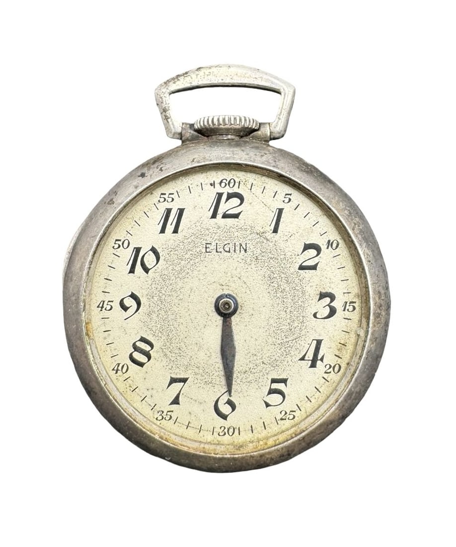 Vintage ELGIN Sterling Silver Pocket Watch w/ White Enamel Dial: Non-functional, no glass, missing a hand. Case diameter is approx. 100 mm. Weighs approx. 19.0 grams. Marked for 800 Silver.